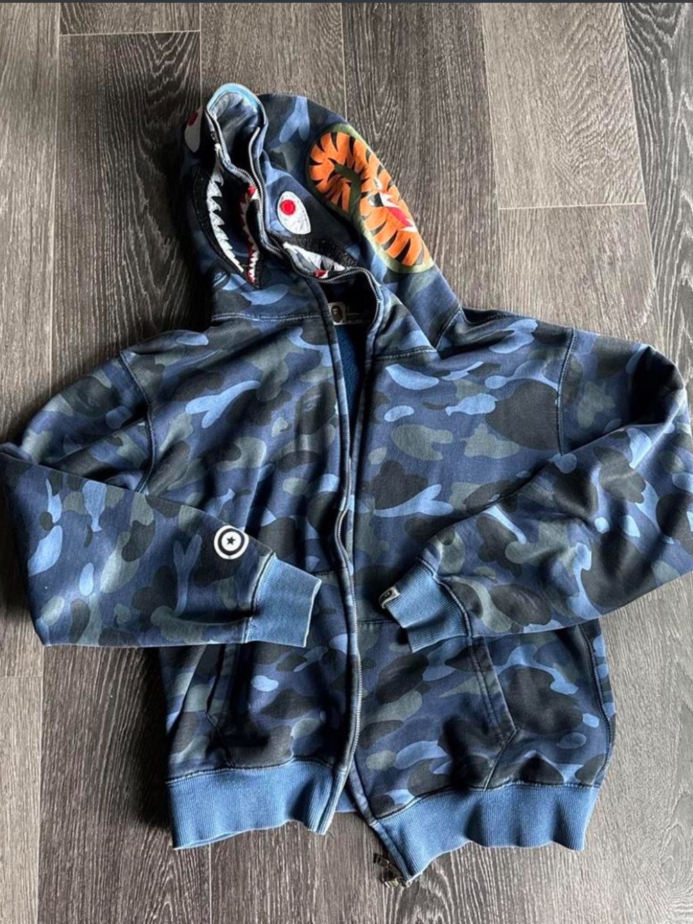Bape Blue Camo Zip-Up Hoodie, Size:L (but fits like a women’s small)